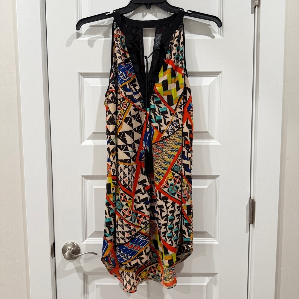 ASTR Multicolor Geometric Print Mini Dress Halter Neck High Low Hem sz M - Picture 3 of 11
